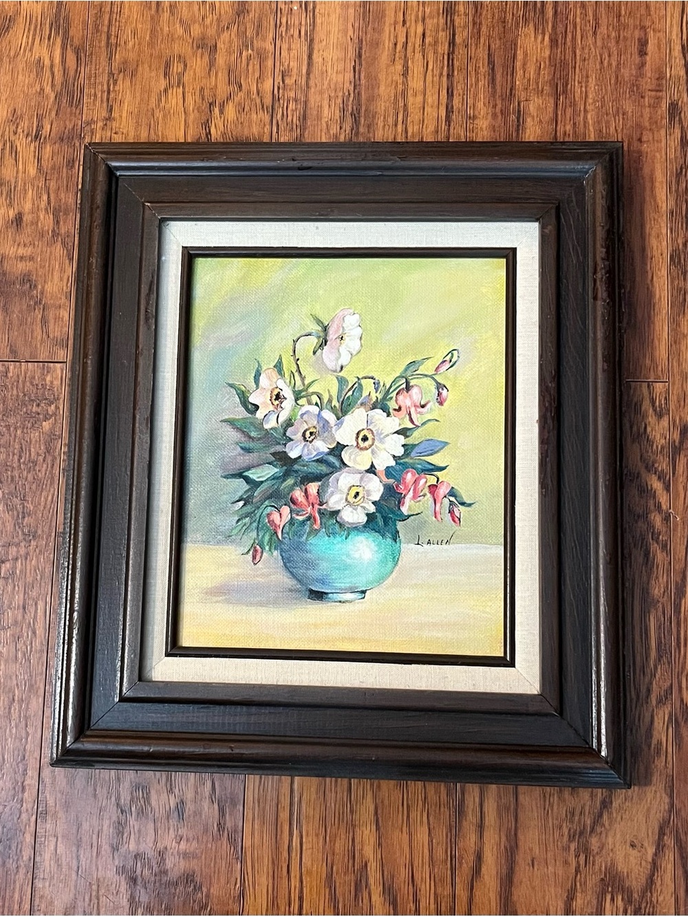 Vtg Original Oil Painting of White & Pink Flowers in a Turquoise Vase, L. Allen